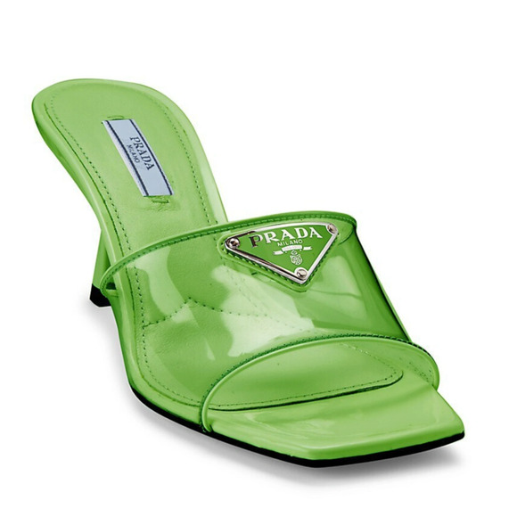 Prada Plexiglas Green PVC Patent Leather Backless Sandal Mule Heel Pump 38.5 - Picture 7 of 12